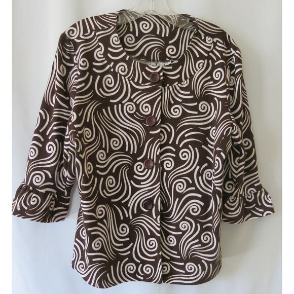 Links Boho Swirl Bell Sleeve Top Shirt  Size M Women Buttons Retro Brown White - Picture 1 of 7
